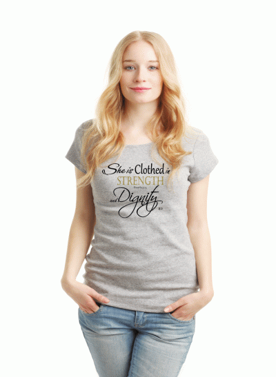 She is clothed in Strength & Dignity tshirts